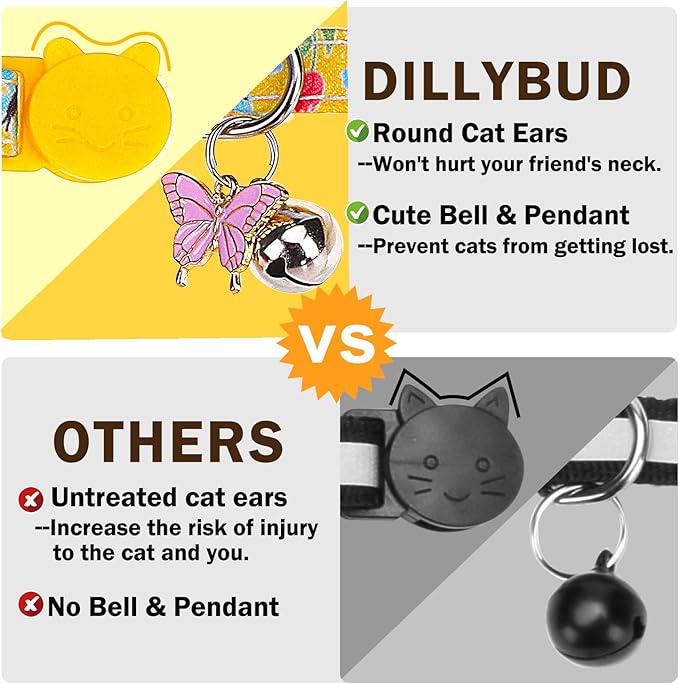 Cat Collar Breakaway with Bells, Gold Butterfly, 2 Pack Soft Butterfly Kitten Collar with Removable Shirt Collar, 8-12Inch