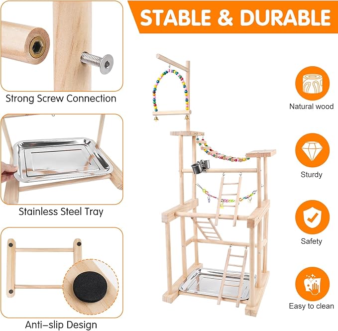 Bird Playground 4 Layer, Parrot Perch Stand Bird Play Stand for Parakeet Conure Cockatiel Lovebird Budgie, Parrot Playground with Feeder Cups, Ladder, Chain Toy, Swing and Detachable Tray
