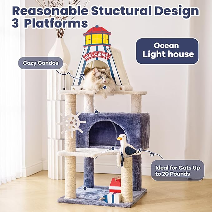 HYABi 48.5-Inch Novelty Lighthouse Seagull Wheel Buoy Cat Tree Tower Condo Bed Furniture Plush Ball Toy Fish Platforms Multi-Level with Scratching Posts Play for Indoor Cats