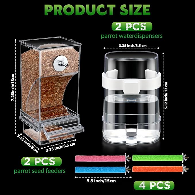 Yaomiao 8 Pcs No Mess Small Bird Feeders with 4 Pcs Cage Perch Automatic Drinker Parakeet Seed Dispenser Quail Feeder and Watered Cage Accessories for Small Birds Parrot Cockatoo Canary(Clear)