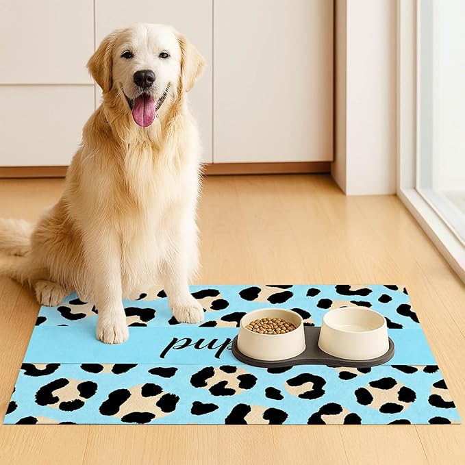 Puppy Feeding Mat 24x16 inch Blue Leopard Print Pet Bowl Placemat Non Slip Floor Mat for Food and Water Indoor Dog Feeding Station Cute Meal Pad for Small Pets Kitchen Use