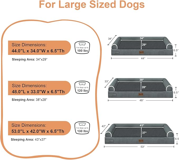 Large Dog Bed Orthopedic Washable: Jumbo Dog Bed Bolster Extra Large Dogs Egg Crate Foam Sofa Couch Waterproof Removable Cover - Dark Grey
