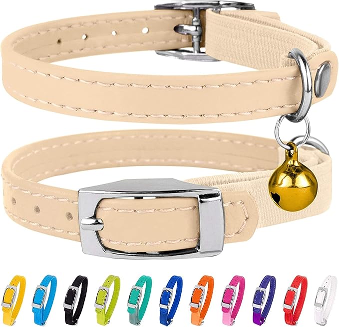 CollarDirect Leather Cat Collar with Removable Bell (Beige, 8-11 Inch)