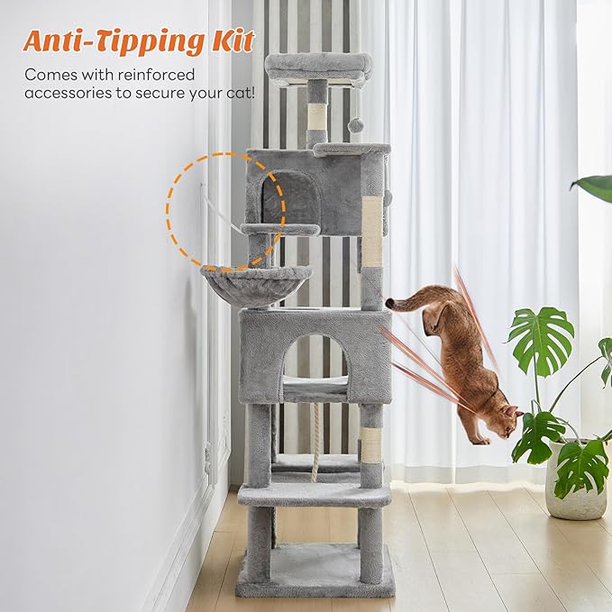 Large Cat Tree 66 Inch, Multi-Level Tall Cat Tree Tower with Condo, Perches, Sisal Scratching Posts and Hammock, Pet Play House with Dangling Balls for Indoor Cats, Light Grey