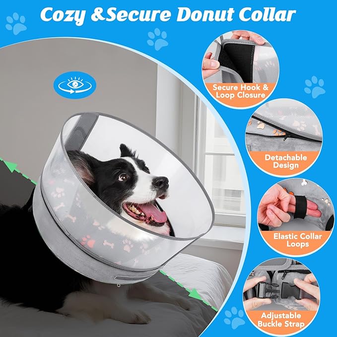 Inflatable Dog Cone with Anti-Licking Clear Shield, Protective Dog Donut Collar After Surgery, Adjustable Soft Recovery Cone for Pets, Alternative Collar with Buckle Strap (Grey Paw, XL)