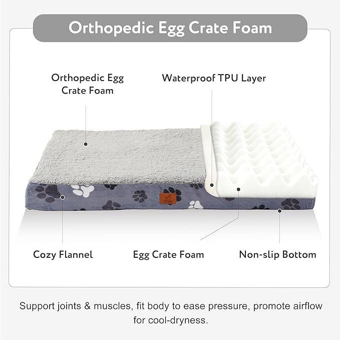 Waterproof Orthopedic Dog Bed for Large Medium Sized Dogs 35x22 Inch - Egg Crate Foam Pet Crate Bed with Removable Washable Cover, Plush Top Anti-Slip Bed Mat, Dark Grey