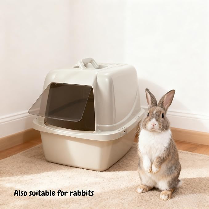 Large Enclosed Cat Litter Box with Vented Hood, Prevents Scatter and Odors, Cat & Rabbit Corner Covered Litter Box,19x14x15.5 Inches, Pearl White