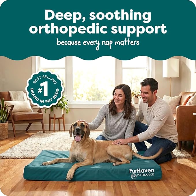 FurHaven Water-Resistant Orthopedic Dog Bed for Large Dogs, Oxford Polycanvas Mattress, Solid Orthopedic Foam Slab for Joint Support, Removable Washable Cover, Jumbo Plus/XXL, Deep Lagoon