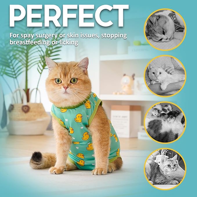 Avont Cat Recovery Suit - Kitten Onesie for Cats After Surgery, Cone of Shame Alternative Surgical Spay Suit for Female Cat, Post-Surgery or Skin Diseases Protection -Duck(M)