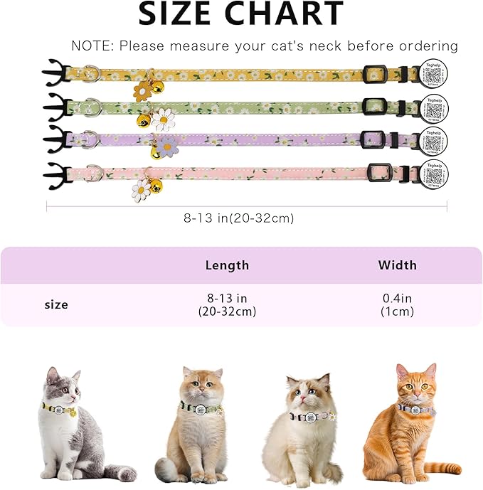 4 PCS Cute Flower Cat Collar with QR Code ID, 4-Pack Safety Breakaway Kitten Collars Set with Bell, Adjustable Gift for Cat Lovers