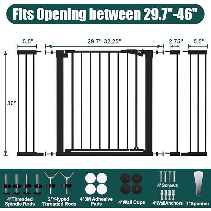 keny 29.7"-46" Baby Gate for Stairs, Auto Close Dog Gates for Doorways, Pressured Mounted No Drilling Pet Gate Extra Wide, One-Hand Opening Dual Lock Stair Gate, Indoor Kids Necessities, Black