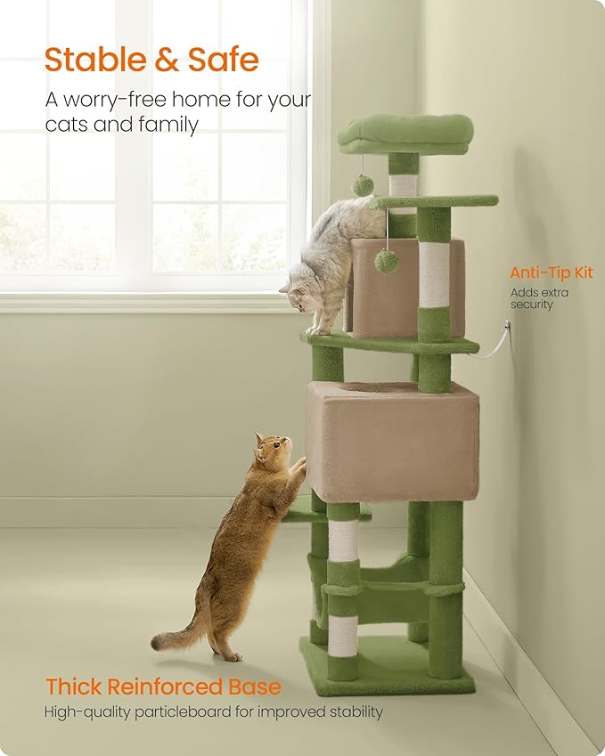 Feandrea Cat Tree, 59.5-Inch Tall Cat Tower, Plush Multi-Level Condo with 5 Scratching Posts, 2 Perches, 2 Caves, Hammock, 2 Pompoms, Grass Green and Camel Brown UPCT192C03