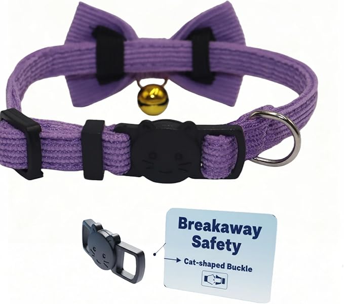 THAIN Cat Collar with Bow Tie and Bell, Breakaway Adjustable Cute Soft Corduroy Kitten Collars Safety Buckle for Girl Cats (Solid Purple)