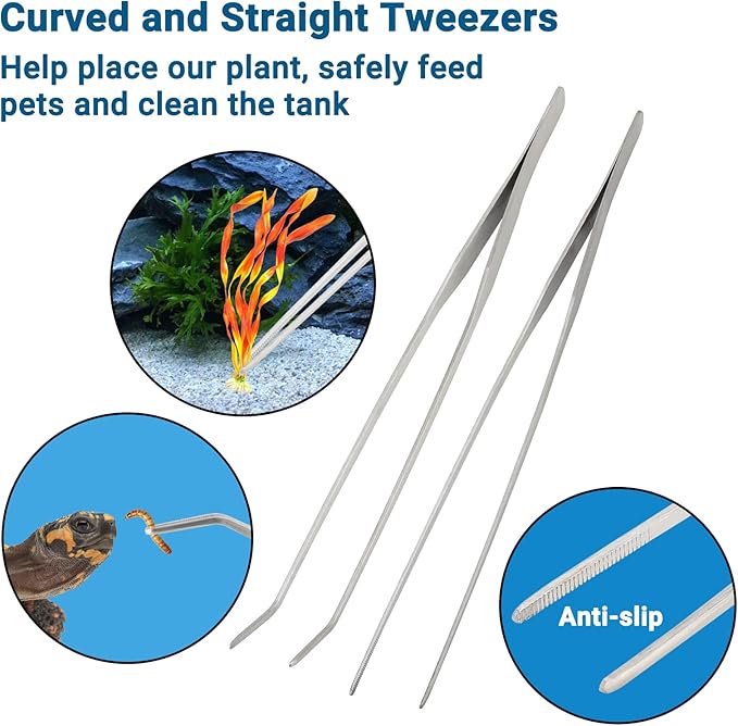 Segarty Aquarium Aquascaping Tools, 6 in 1 Stainless Steel Silver Aquascaping Tools Kit for Aquatic Plant Fish Tank, Long Scrapers Spatula Feeding Tweezers Curved Straight Scissors Aquarium Tools