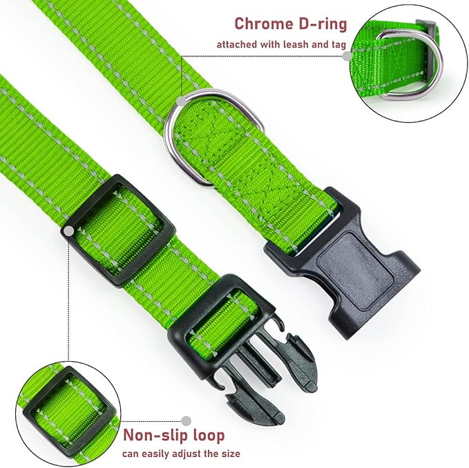 Reflective Dog Collar with Buckle Adjustable Safety Nylon Collars for Small Medium Large Dogs, Grass Green S