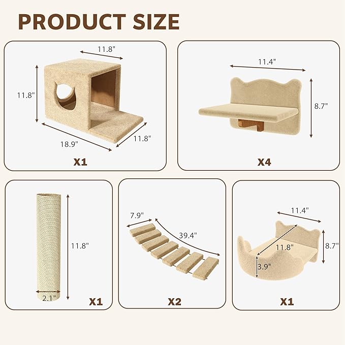 9-in-1 Cat Wall Shelves, Wall Mounted Cats Furniture Set with Plush Fabric, Cat Climbing Wall Systems, Cats Shelf Furniture with Condos, House, Steps, Bridge Ladder, Scratching Post, Beige