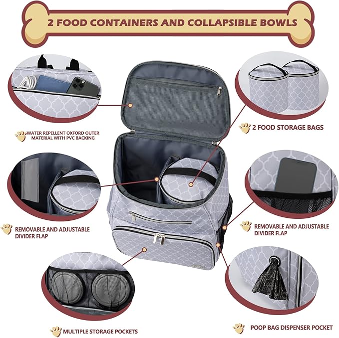 BAGLHER Dog Travel Bag Backpack, Airline Approved Pet Supplies Backpack, Dog Travel Bag with 2 Silicone Collapsible Bowls and 2 Food Baskets DLWhite