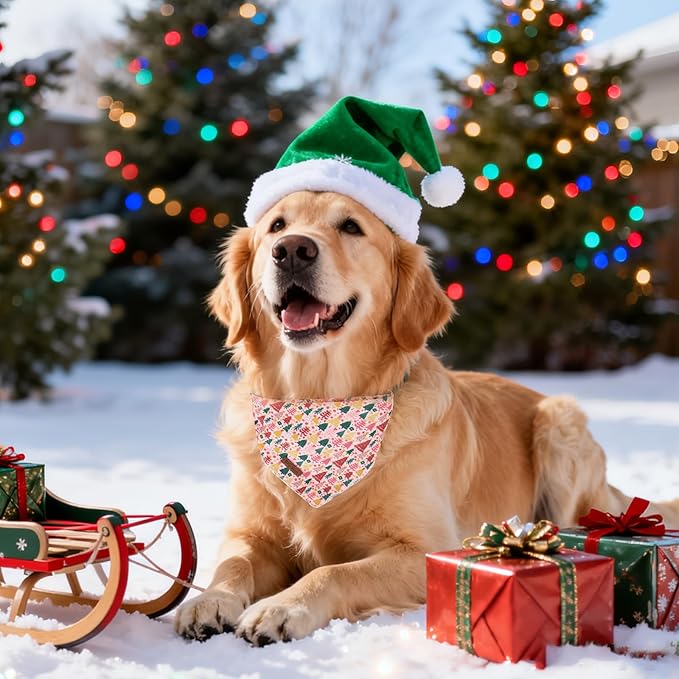 Christmas Dog Bandana–Pink Christmas Tree Triangle Scarf for Small Medium Large Dogs, Soft Cotton Pet Bib for Winter & New Year, Adjustable Dog Kerchief