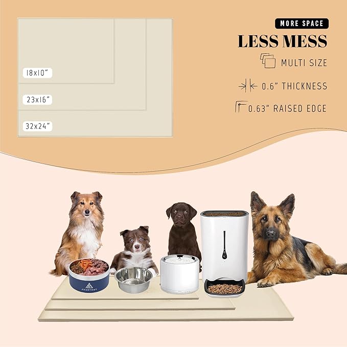 AVERYDAY 100% Waterproof Thicker Silicone Dog Food Mat, 0.63'' Raised Edge Bowl Mat for Food & Water, Non Slip Pet Feeding Placemat for Messy Drinkers, Perfect for Large Medium Small Breeds, 32"x24"