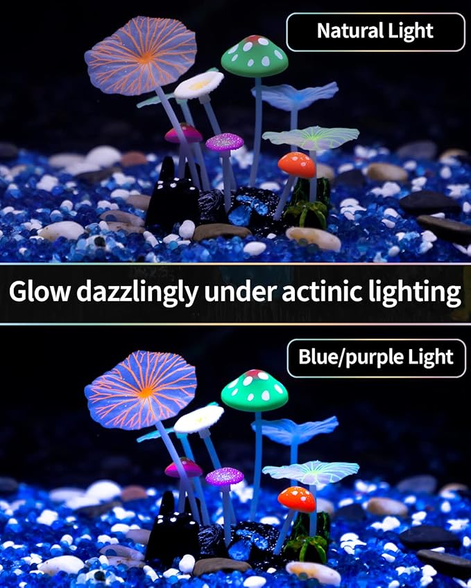 Uniclife Aquarium Coral Plant Ornament with Glowing Effect Imitative Mushroom Lotus Leaf Decoration Addition Colorful Lifelike Silicone Decor for Fish Tank Landscape