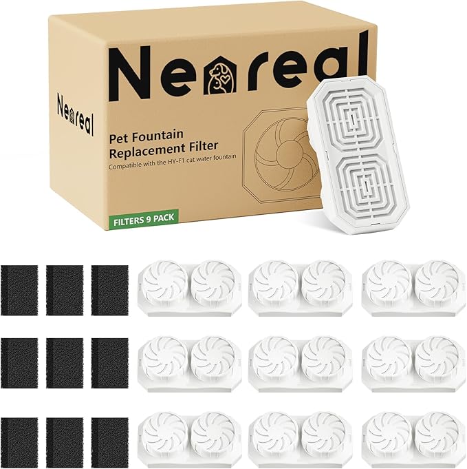 Official 9 Pack Replacement Filters & Pre-Filter Sponges for 74oz/2.2L Stainless Steel Cat Fountain & 108oz/3.2L Cordless Pet Water Fountain