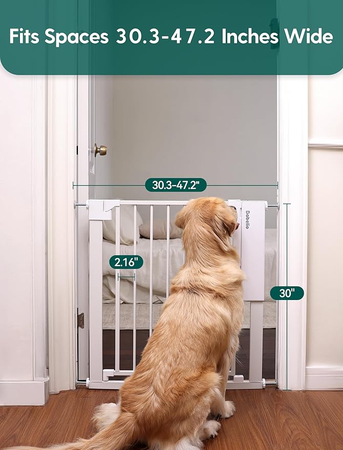 Babelio Smart Baby Gate with Auto-Unlock/Close, Pressure Mounted No Drill for Doorways/Top of Stairs. Pet/Dog Door Wide Walk Thru w/Infrared Sensor & Instant Safety Alert (White, 30.3-47.2" W, 30" H)