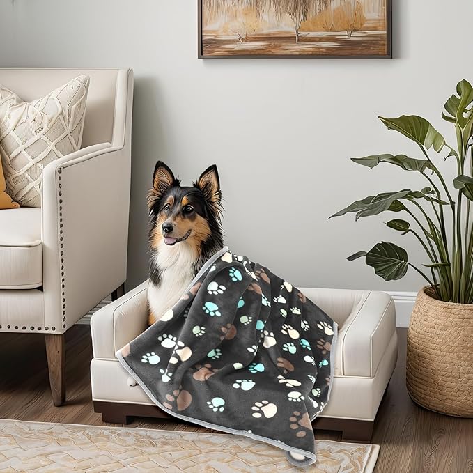 Tegeme 12 Pcs Pet Blankets Soft Fluffy Fleece Dog Cat Warm Paw Print Pattern Blankets Flannel Throw for Pets Dog Puppy Cat(41 x 30 Inch,Gray)