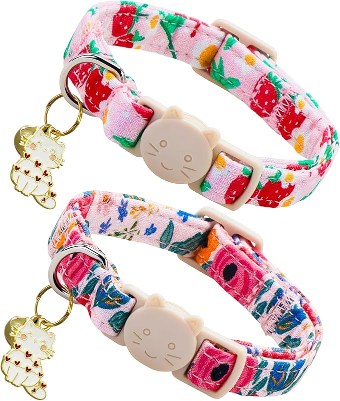 Spring Cat Collar-2 Pack Collars Strawberry and Flower Print Breakaway with Kitten and Bell Pendant Safety Buckle Adjustable Pet Collar Gift for Cats and Small Pets