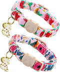 Spring Cat Collar-2 Pack Collars Strawberry and Flower Print Breakaway with Kitten and Bell Pendant Safety Buckle Adjustable Pet Collar Gift for Cats and Small Pets