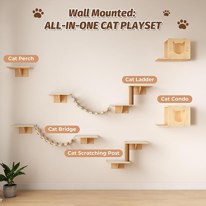 12-Pc Cat Wall Shelves, Cat Wall Furniture Set with Cat Bridge & Scratching Post, Large Wall Mounted Cat Tree Activity Center, Cat Climbing Wall for Indoor Cats Sleep & Scratch, Natural Pine