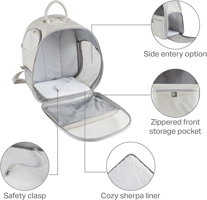Friends Forever Cat Backpack, Dog Carrier for Small Dogs Travel Bag with Padded Straps, Removable Sherpa Mat, Fully Ventilated, Front Viewing Window, Grey