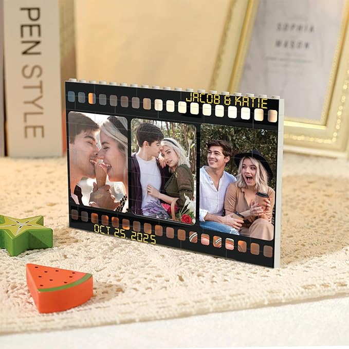 NAZENTI Personalized Couple Photo Building Blocks for Him, Custom Couples Photos Camera Film Roll Puzzle Gift for Valentine Anniversary Birthday, Memory Film Gifts for Boyfriend Husband