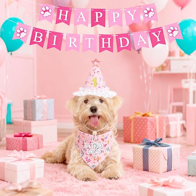 Dog Birthday Party Decorations, Adjustable Dog Bandana Set with Hat, Numbers, Banner for Pet Party Supplies Festive Accessories Large Medium Small Pet Puppy Dogs, Pink