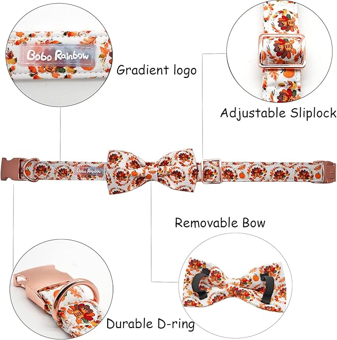Dog Collar - Thanksgiving Turkey Pet Collar Bowtie Gift Cotton Cute Bow Collar Adjustable Metal Buckle Soft Puppy Collars for Large Dogs