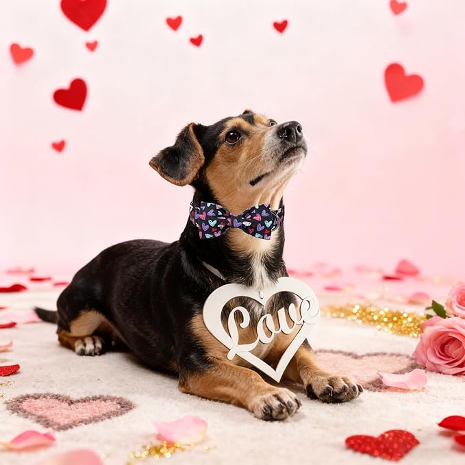 Valentines' Black Dog Collar with Bowtie, Cute Red Heart Pattern Durable Pet Collar with Metal Buckle, Adjustable Puppy Collar for Small Medium Large Dog