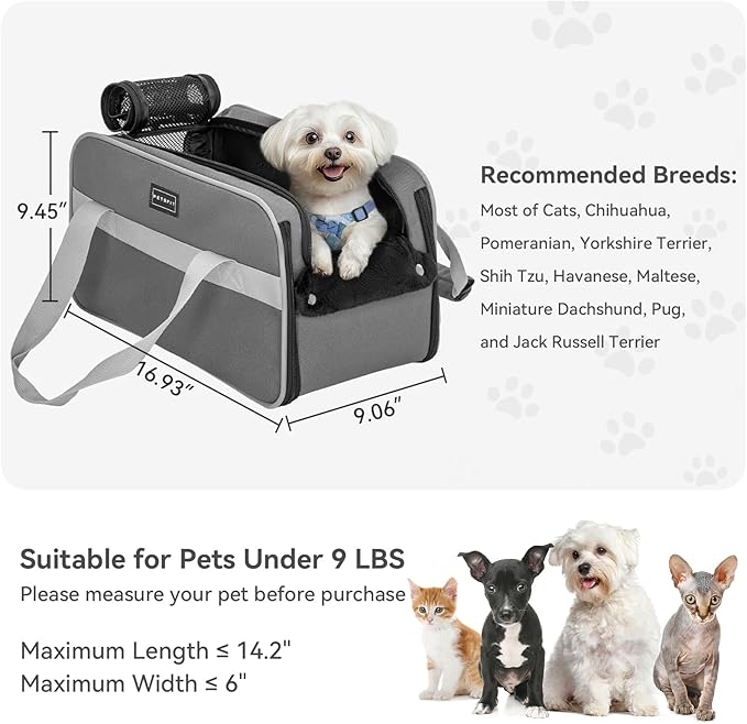 PETSFIT Multipurpose Center Console Dog Car Seat, Airline Approved Dog Car Carrier with Safety Tether and Pockets, Portable Cat Car Seat, Dog Car Seats for Small Dogs, Cats Up to 9 LBS (Deep Grey)