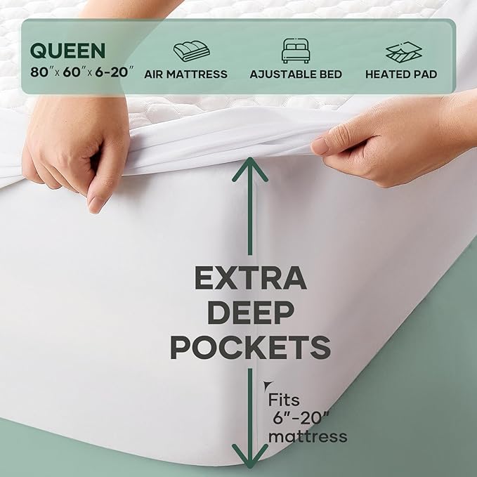 OhGeni 100% Waterproof Mattress Protector, Queen-Beige Size Mattress Pad, Fits 6"-20" Mattresses with Deep Pocket, Cooling, Breathable Fitted Sheets, Soft Bed Cover, Noiseless, Machine Washable