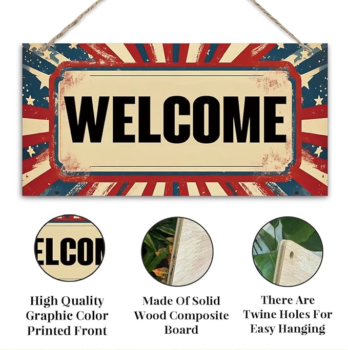 Welcome Sign for Front Door, Welcome Decor Wooden Hanging Sign for Wall Decor, Retro America Wall Hanging Signs, Funny Wooden Outdoor Front Door Decoration 13.8X6.9 inches