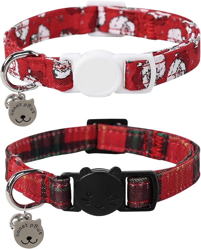 Lionet Paws 2pcs Pack Cotton Cat Collar,Breakaway Buckle Christmas Cat Colar with Santa,Red Green Grid Cute Adjustable Cat Kitten Collar,Ideal for Girl Cats Boy Cats