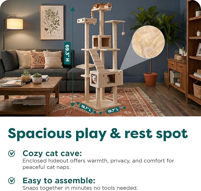 FurHaven 69.3" Tall Cat Scratching Post Tower for Indoor Cats, Sisal Cat Tree with 2 Condos, Tiger Tough Double Decker Playground, Toys & Perches for Cats, Sisal, Cream