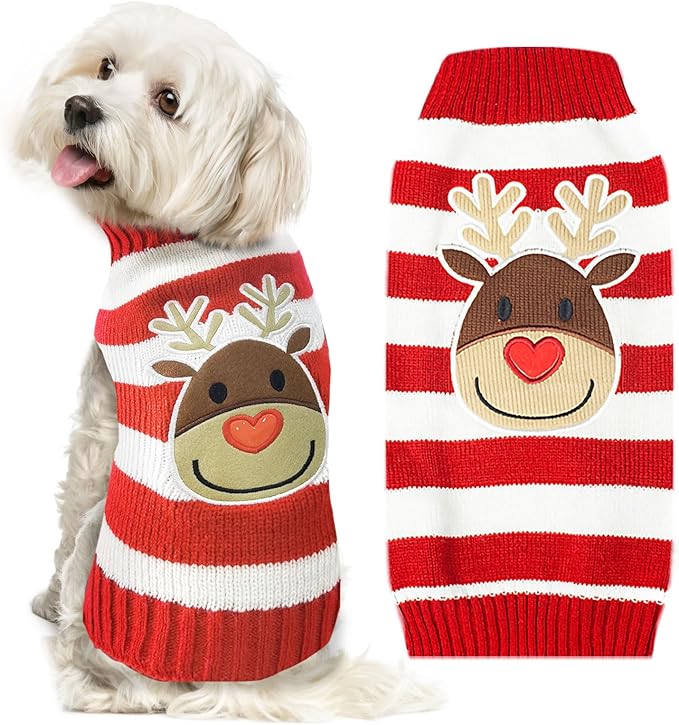 Dog Christmas Sweater Cute Striped Reindeer Xmas Pet Clothes Holiday Puppy Cat Costume New Year Gifts for Small Medium Large Dogs Jumpers (M, Red White Stripe Reindeer)