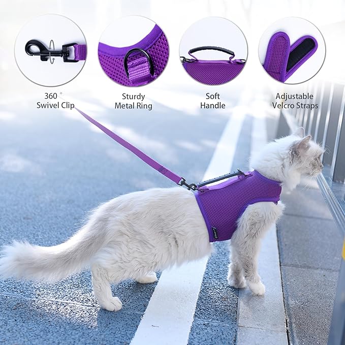 Cat Harness and Leash for Walking Escape Proof Breathable Mesh Fabric, Purple, Extra Large, Adjustable Cat Walking Jackets with Handle, Padded Stylish Cat Vest