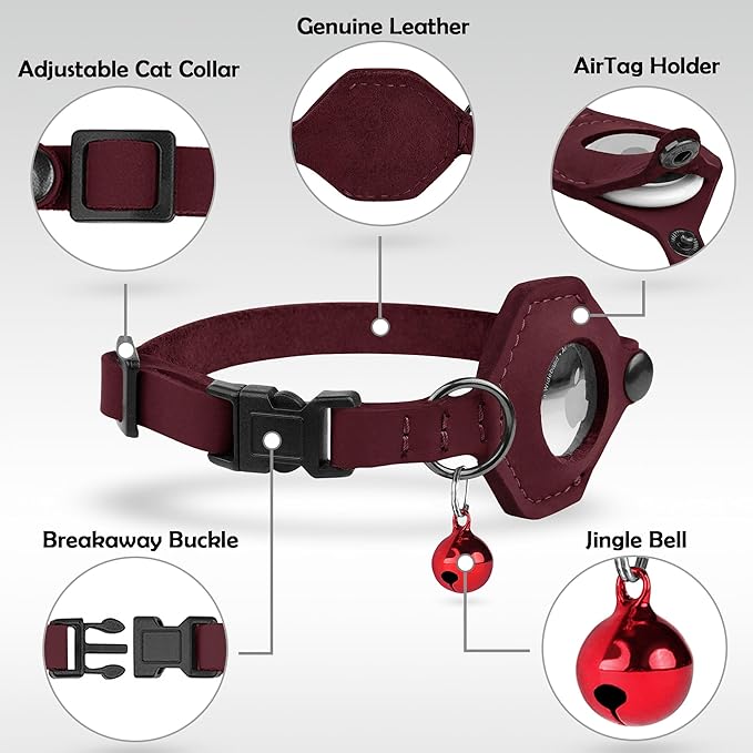 Breakaway Airtag Cat Collar with Removable Bell - Leather Pet Collar with Apple Air Tag Holder - Adjustable GPS Collars for Girl Boy Cats Kitten Puppy - Lightweight, Cute and Comfortable (Burgundy)