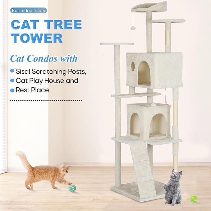FDW | 81" Cat Tree Tower | Beige | Multi-Level Indoor Activity Center with Sisal Scratching Posts, Condos, Plush Perches, Hanging Cat Toys | Sturdy, Easy to Assemble | for Kittens & Adult Cats