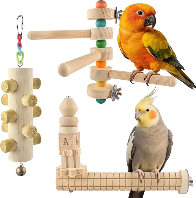 3pcs Natural Wood Bird Perch Toys, Rotating Perch Stand, L-Shaped Perches with Chew Block, Hanging Cork Stopper Toy, Birdcage Accessories for Small Medium Parrots Cockatiels Quaker Caique