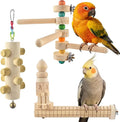 3pcs Natural Wood Bird Perch Toys, Rotating Perch Stand, L-Shaped Perches with Chew Block, Hanging Cork Stopper Toy, Birdcage Accessories for Small Medium Parrots Cockatiels Quaker Caique