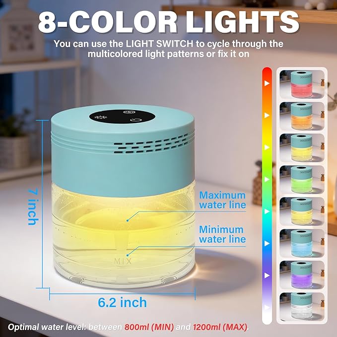 Water Air Purifiers for Home, Water Based Air Purifier Fits Essential Oil, Air Washer Purifier with 8 LED Lights, 24H Auto Shut-off, 3 Speeds, Air Revitaizer for Bedroom Office Living Room Pets Smoke