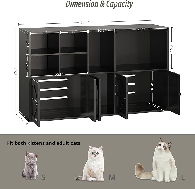 IRONCK Cat Litter Box Enclosure for 2 Cats, Litter Box Furniture Hidden with Double Room and Large Storage Space, Wooden Washroom Furniture, Cat House, Black
