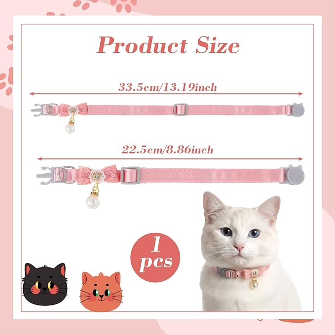 Cat Collar Breakaway, Adjustable Pink Cat Collar with Pearl Pendant, Cute Cat Collars with Safety Buckle Pink Bowtie Kitten Collars for Girl Cats