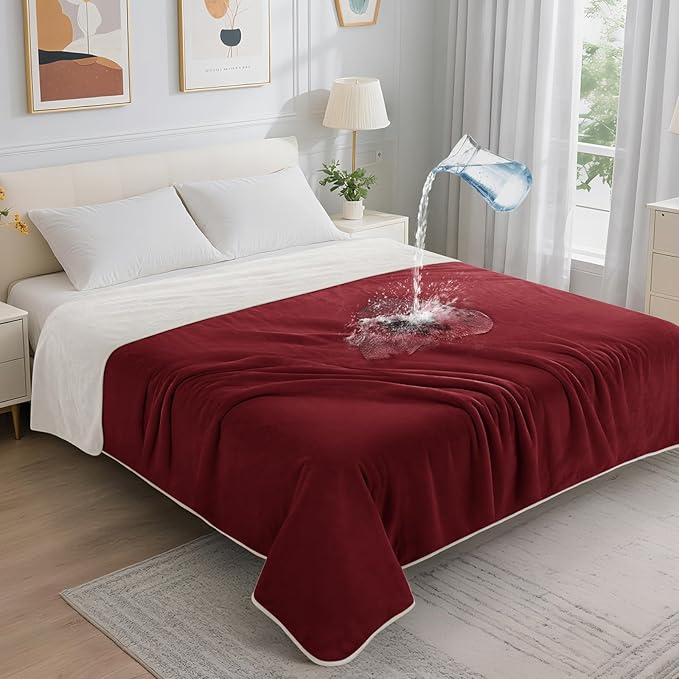 LOOBANI Waterproof Blanket for Bed: Reversible Soft Flannel Twin Bed Blanket 60" x 80", Leakproof Throw Spill-Proof Dog Pet Blanket for Couch, Sofa Protect, Movie Time, Camping, Travel, Red